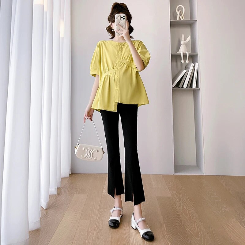 2023. Nove modne široke trudničke majice s puf rukavima i O-izrezom s nepravilnim gumbima na letjelice Bluze za trudnice Odjeća za trudnice Žuta