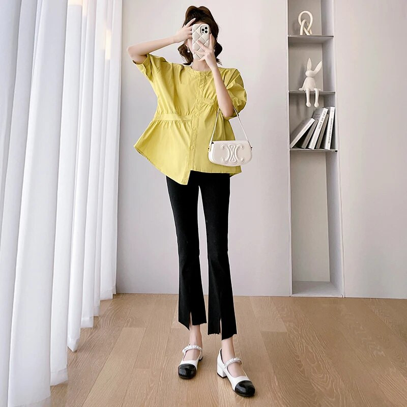 2023. Nove modne široke trudničke majice s puf rukavima i O-izrezom s nepravilnim gumbima na letjelice Bluze za trudnice Odjeća za trudnice Žuta