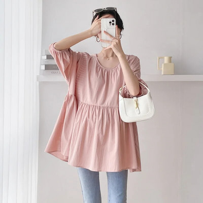 CARECODE Ljetne bluze za trudnice Opuštene majice Ležerne jednobojne plisirane majice s O-izrezom veće veličine Odjeća za trudnice