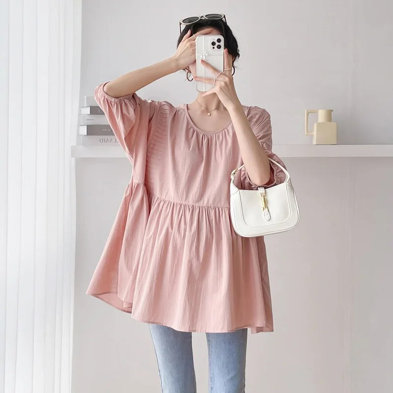 CARECODE Ljetne bluze za trudnice Opuštene majice Ležerne jednobojne plisirane majice s O-izrezom veće veličine Odjeća za trudnice