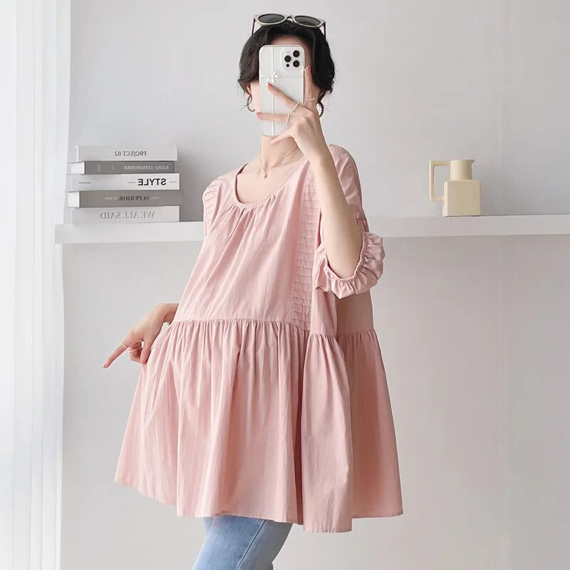 CARECODE Ljetne bluze za trudnice Opuštene majice Ležerne jednobojne plisirane majice s O-izrezom veće veličine Odjeća za trudnice