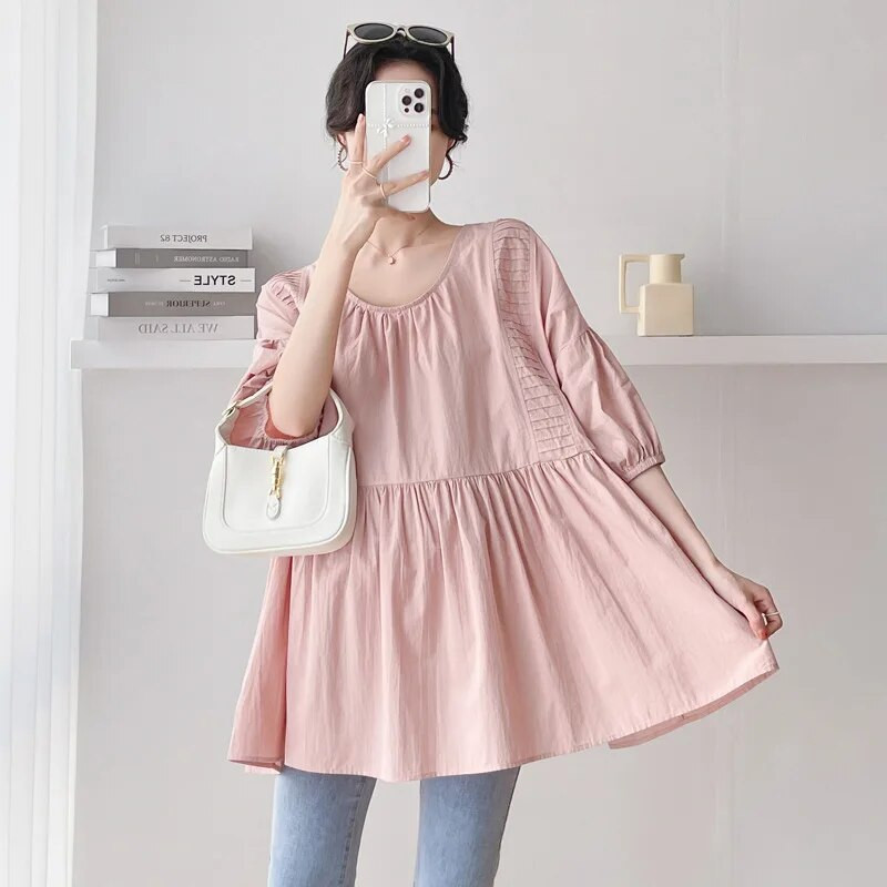 CARECODE Ljetne bluze za trudnice Opuštene majice Ležerne jednobojne plisirane majice s O-izrezom veće veličine Odjeća za trudnice