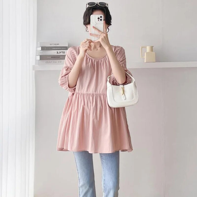 CARECODE Ljetne bluze za trudnice Opuštene majice Ležerne jednobojne plisirane majice s O-izrezom veće veličine Odjeća za trudnice