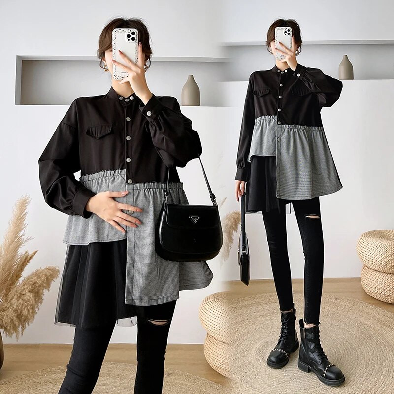 Proljetne i jesenske pamučne majice za trudnice 2023. Patchwork odjeća za trudnice u blok bojama, velika veličina, bluza za trudnice, veleprodaja