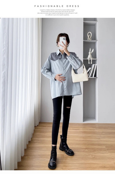 Modne majice za trudnice s dugim rukavima, mornarskim ovratnikom, pamučne bluze za trudnice, široka trudnička majica s dugmadima u elegantnom stilu