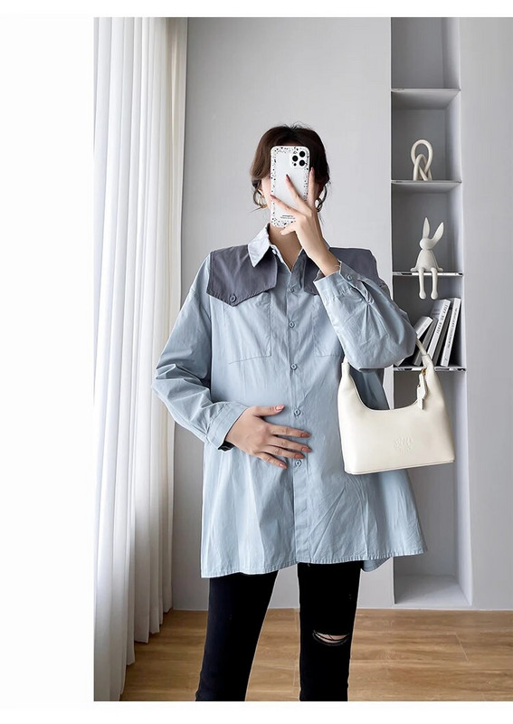 Modne majice za trudnice s dugim rukavima, mornarskim ovratnikom, pamučne bluze za trudnice, široka trudnička majica s dugmadima u elegantnom stilu