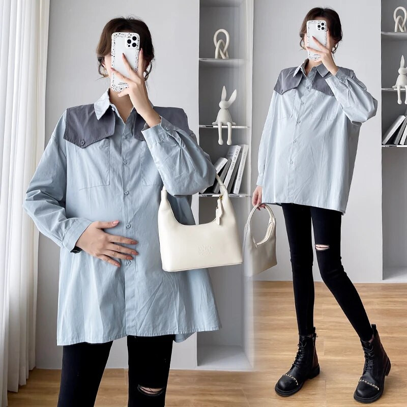 Modne majice za trudnice s dugim rukavima, mornarskim ovratnikom, pamučne bluze za trudnice, široka trudnička majica s dugmadima u elegantnom stilu