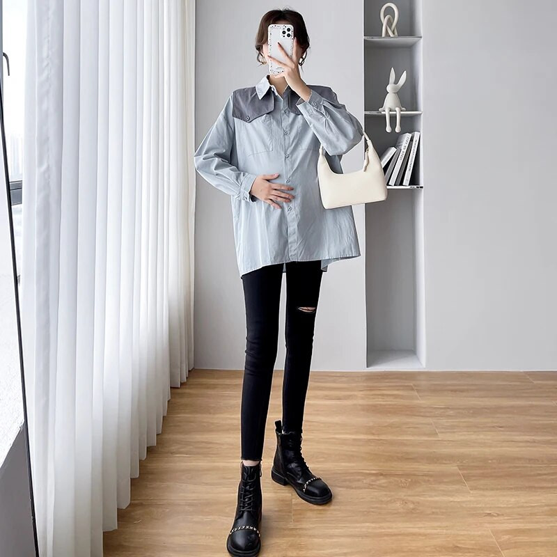 Modne majice za trudnice s dugim rukavima, mornarskim ovratnikom, pamučne bluze za trudnice, široka trudnička majica s dugmadima u elegantnom stilu