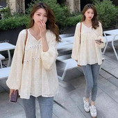 Proljeće Ljeto Gravida Odjeća Trudničke bluze V-izrez Čipkana košulja s vezom Plus Veličina Majica dugih rukava za trudnice