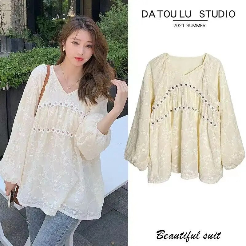 Proljeće Ljeto Gravida Odjeća Trudničke bluze V-izrez Čipkana košulja s vezom Plus Veličina Majica dugih rukava za trudnice