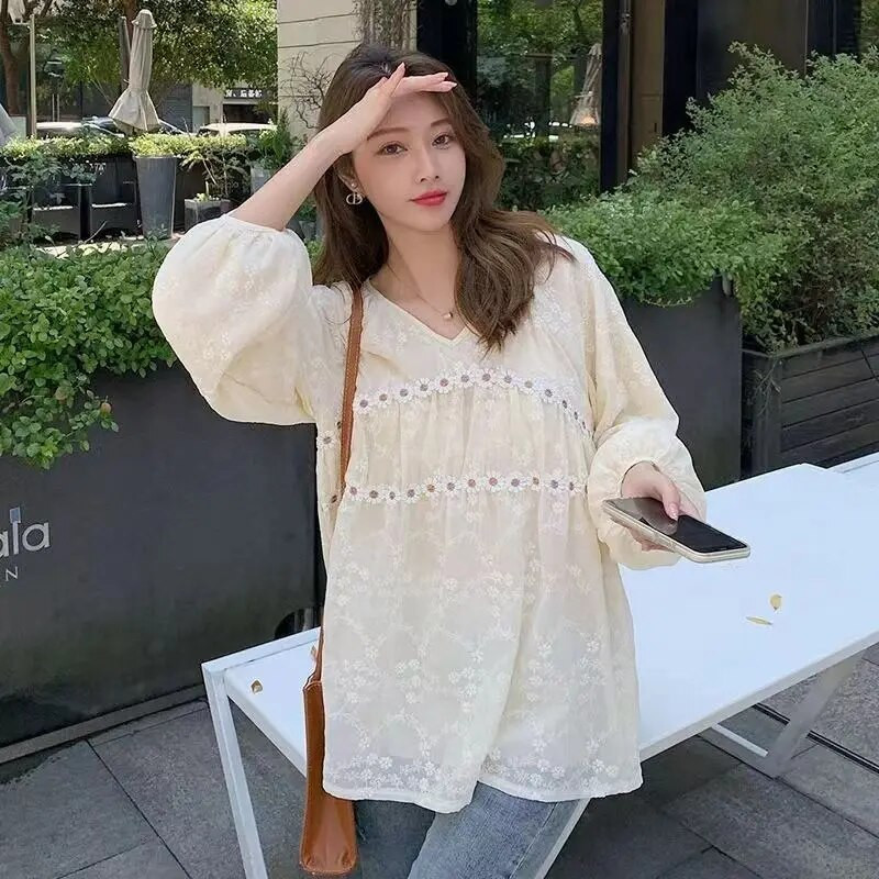 Proljeće Ljeto Gravida Odjeća Trudničke bluze V-izrez Čipkana košulja s vezom Plus Veličina Majica dugih rukava za trudnice