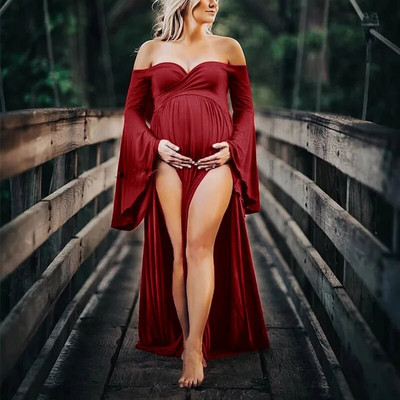 Grūtnieču kleitas ar uzplaiksnāmām piedurknēm Fotosesijas, garas Vestidos, kleita bez pleciem, grūtnieces fotosesija