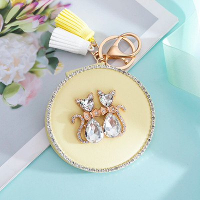 Új! PU bőr mini zsebes 2 oldalon összecsukható kozmetikai sminktükör, kulcstartó kulcstartó bojt, Bling Crystal Love Cat, buli-ajándék