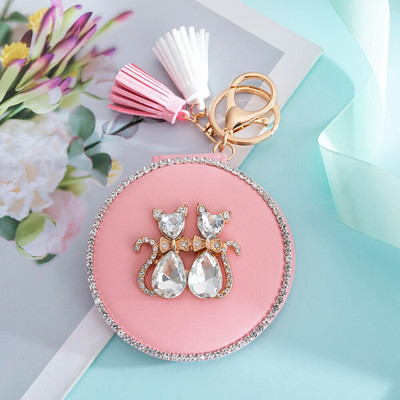 Új! PU bőr mini zsebes 2 oldalon összecsukható kozmetikai sminktükör, kulcstartó kulcstartó bojt, Bling Crystal Love Cat, buli-ajándék