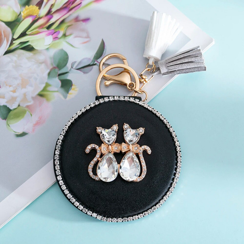 Új! PU bőr mini zsebes 2 oldalon összecsukható kozmetikai sminktükör, kulcstartó kulcstartó bojt, Bling Crystal Love Cat, buli-ajándék