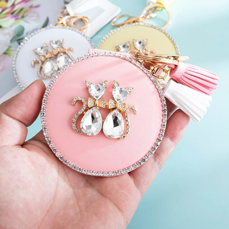 Új! PU bőr mini zsebes 2 oldalon összecsukható kozmetikai sminktükör, kulcstartó kulcstartó bojt, Bling Crystal Love Cat, buli-ajándék