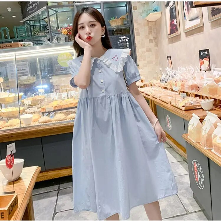 Vasaras kleita grūtniecēm Modes, īsām piedurknēm, brīvas drēbes grūtniecēm, 2023. gada saldais lelles apkakles apģērbs grūtniecēm