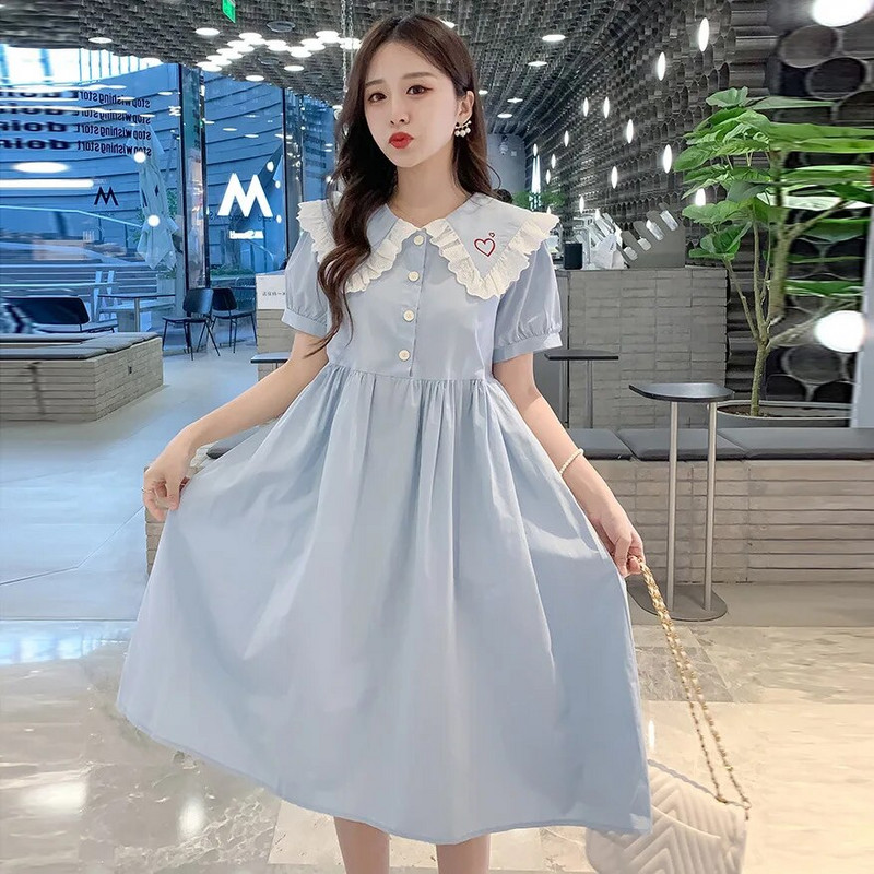 Vasaras kleita grūtniecēm Modes, īsām piedurknēm, brīvas drēbes grūtniecēm, 2023. gada saldais lelles apkakles apģērbs grūtniecēm