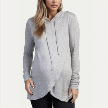 2023 г. Пуловер с качулка за бременни Блуза за бременни с дълъг ръкав за кърмене Дамско горнище за кърмачки Mama Clothing Едноцветна тениска