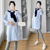 Majice za trudnice u korejskom stilu Prugaste bluze velikih veličina za trudnice Dugi rukavi Ovratnik na ovratnik Odjeća za trudnice Split