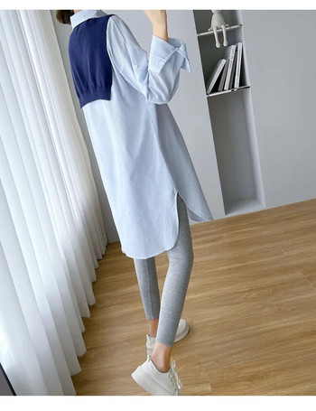 Ризи за бременни в корейски стил Големи размери Блузи на райета за бременни жени С дълги ръкави с обърната яка Дрехи за бременни Разделени