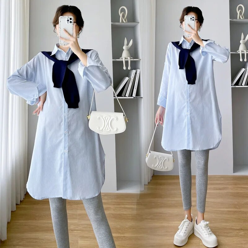 Majice za trudnice u korejskom stilu Prugaste bluze velikih veličina za trudnice Dugi rukavi Ovratnik na ovratnik Odjeća za trudnice Split