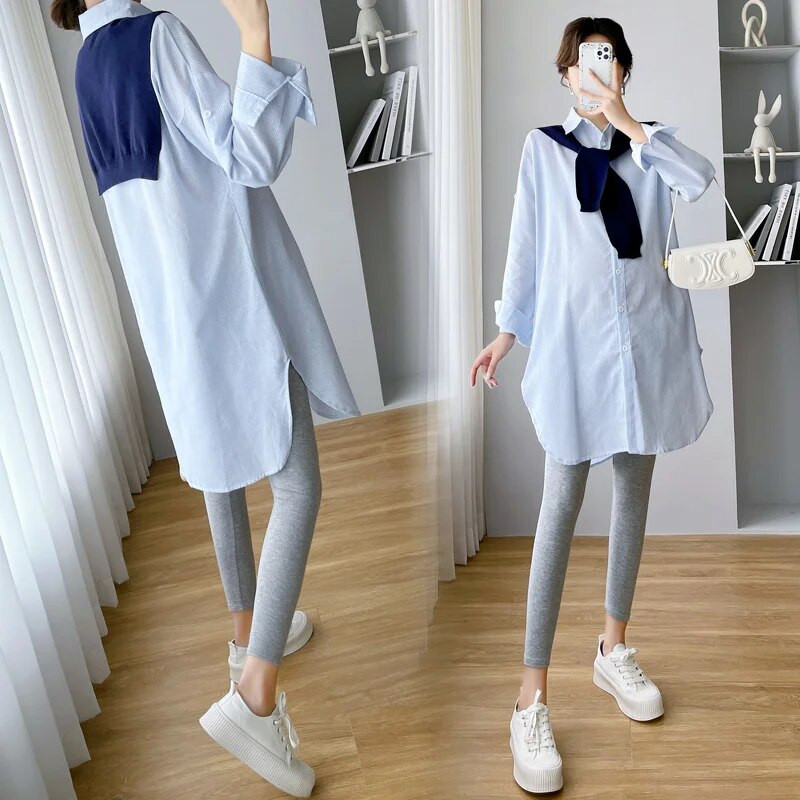 Majice za trudnice u korejskom stilu Prugaste bluze velikih veličina za trudnice Dugi rukavi Ovratnik na ovratnik Odjeća za trudnice Split