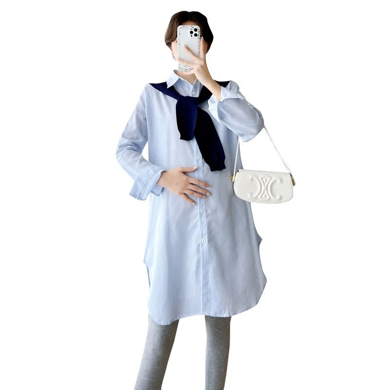 Majice za trudnice u korejskom stilu Prugaste bluze velikih veličina za trudnice Dugi rukavi Ovratnik na ovratnik Odjeća za trudnice Split