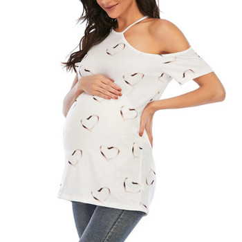 Тениска за бременни с отворени рамена Лятна дамска тениска с къс ръкав със сърце с принт Класически горнища Тениска Пуловер за майки Ново облекло