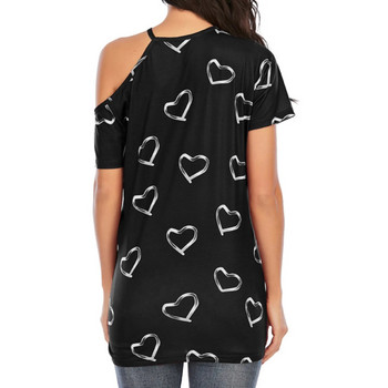 Тениска за бременни с отворени рамена Лятна дамска тениска с къс ръкав със сърце с принт Класически горнища Тениска Пуловер за майки Ново облекло