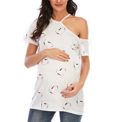 Majica kratkih rukava s otvorenim ramenima za trudnice Ljetna ženska ženska majica s printom srca kratkih rukava Klasične majice Majica za majke Pulover Odjeća za trudnice Novo
