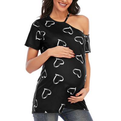 Majica kratkih rukava s otvorenim ramenima za trudnice Ljetna ženska ženska majica s printom srca kratkih rukava Klasične majice Majica za majke Pulover Odjeća za trudnice Novo