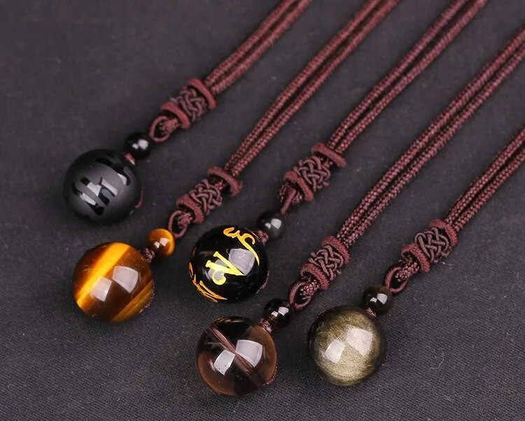 Dabīgā akmens 16 mm melna obsidiāna tīģera acs akmens kulonu pārsūtīšana Lucky Amulet kristāla kulonu kaklarota