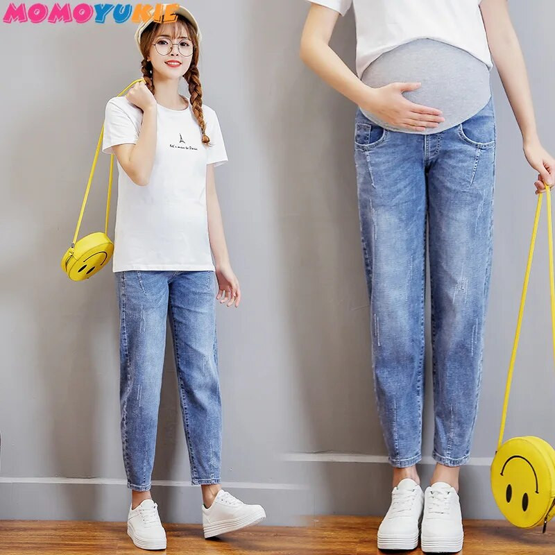 Vintgae Washed Denim Maternity Jeans za trudnice Odjeća Elastični struk Trbuh Široke hlače Trudnoća Gravidas Clothing 2022