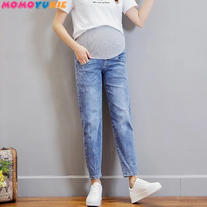 Vintgae Washed Denim Maternity Jeans za trudnice Odjeća Elastični struk Trbuh Široke hlače Trudnoća Gravidas Clothing 2022