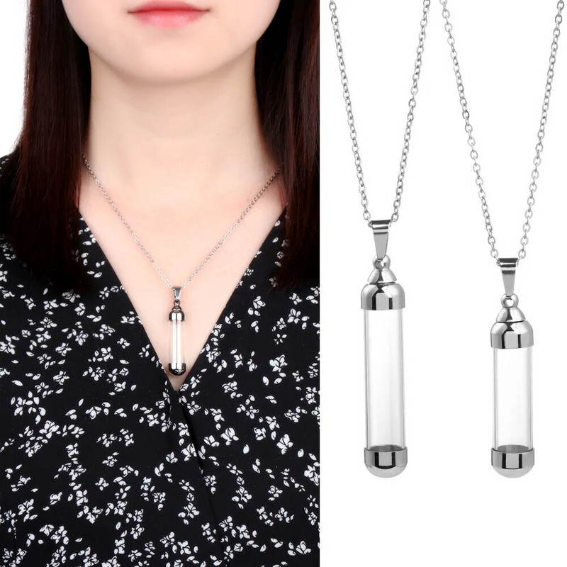 Caurspīdīga stikla flakona kaklarota vēlmju pudele, žāvētu ziedu kulonu rotaslietas atverams skrūvējams vāciņš tērauda ķēdes šarms smaržu burkas