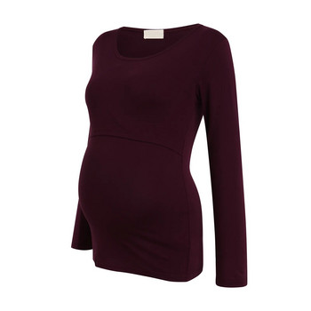 Есенни дрехи за майки с дълъг ръкав за майки Горнища за кърмене за бременни жени Едноцветна тениска за кърмене 2023 г. Тениски