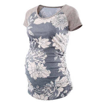 Тениска с флорални щампи за бременни, бременни жени, кръгло деколте, къси ръкави, горнища отстрани, базова тениска за бременност, блуза Ropa