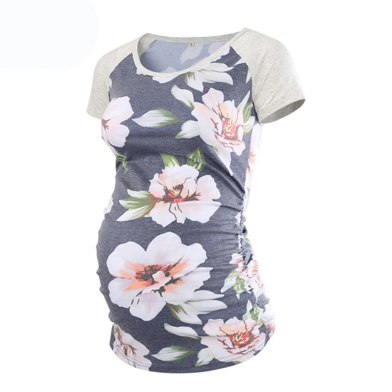 Majica kratkih rukava s cvjetnim printom za trudnice Trudnice s okruglim izrezom i kratkim rukavima s naborima sa strane Osnovna majica za trudnice Bluza Ropa