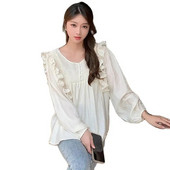 Proljetne majice za trudnice u korejskom stilu, dugih lampion rukava s volanima Patchwork bluze za trudnice Slatke slobodne majice za trudnice