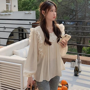 Πουκάμισα εγκυμοσύνης σε κορεατικό στυλ για ανοιξιάτικα μακρύ μανίκι φανάρι μπλούζες για έγκυες μπλούζες Γλυκά μπλουζάκια εγκυμοσύνης χαλαρά