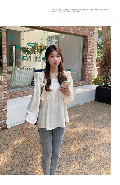 Proljetne majice za trudnice u korejskom stilu, dugih lampion rukava s volanima Patchwork bluze za trudnice Slatke slobodne majice za trudnice