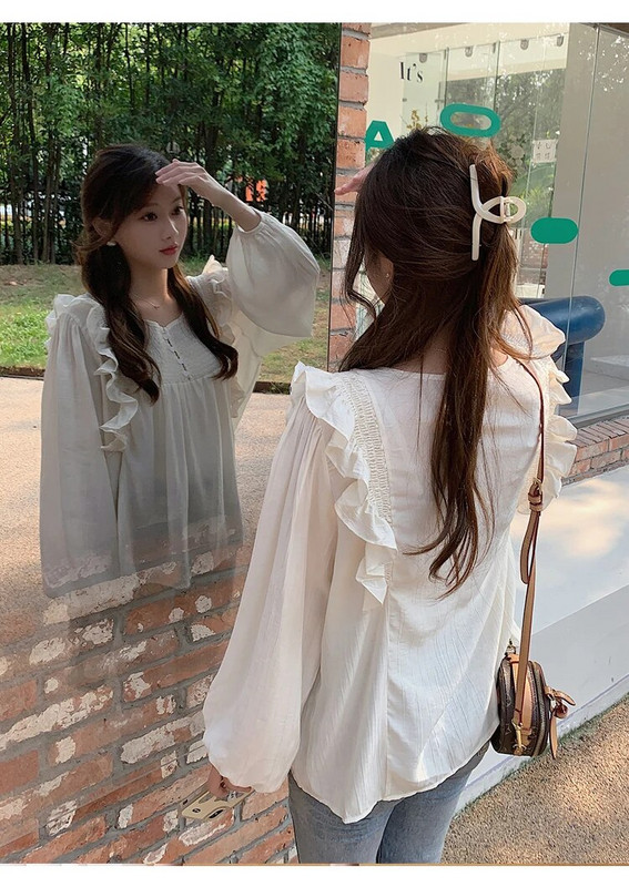 Proljetne majice za trudnice u korejskom stilu, dugih lampion rukava s volanima Patchwork bluze za trudnice Slatke slobodne majice za trudnice