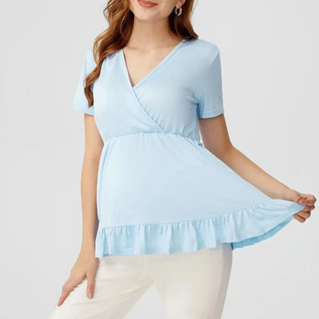 Бременна риза за кърмачки Едноцветни плисирани волани с къси ръкави Блуза за кърмачки Дрехи за бременни