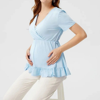 Πουκάμισο θηλασμού εγκύων γυναικών μονόχρωμο πλισέ κοντομάνικο βολάν Μπλούζα θηλασμού Ρούχα εγκυμοσύνης