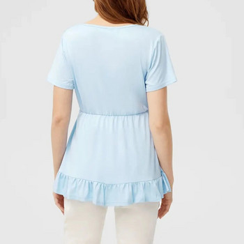 Бременна риза за кърмачки Едноцветни плисирани волани с къси ръкави Блуза за кърмачки Дрехи за бременни