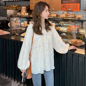 Saldi grūtnieču krekli rudens laternas piedurknēm ar V-veida kakla izgriezumu ar ziedu izšuvumu Grūtnieču mežģīņu krekls Modes grūtniecības blūzes