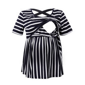 Női kismama felsők V nyakú, rövid ujjú babazuhany Szoptatás blúz Csíkos mintás szoptatás Terhes szoptatós pólók