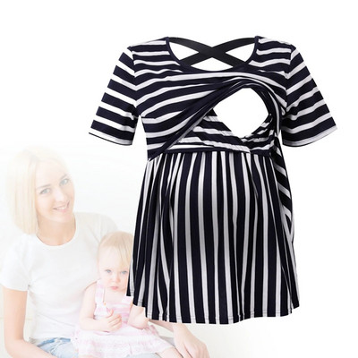Női kismama felsők V nyakú, rövid ujjú babazuhany Szoptatás blúz Csíkos mintás szoptatás Terhes szoptatós pólók