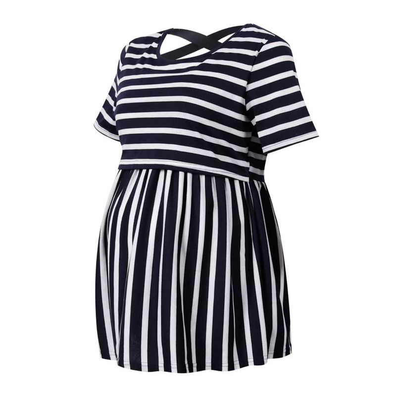 Női kismama felsők V nyakú, rövid ujjú babazuhany Szoptatás blúz Csíkos mintás szoptatás Terhes szoptatós pólók